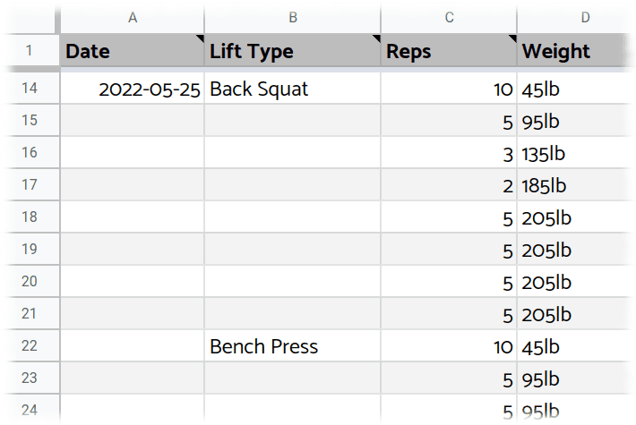 Preview of the Strength Journeys Google Sheets lifting log design