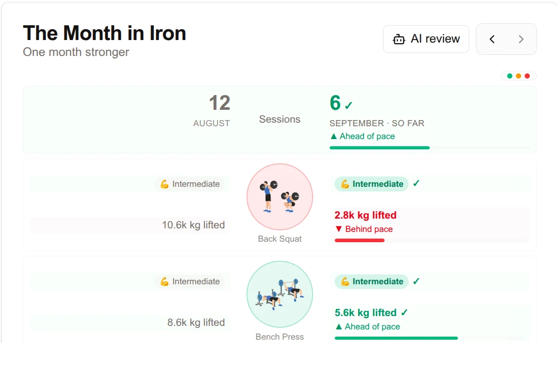 The Month in Iron dashboard card comparing this month with last month for sessions and big four tonnage