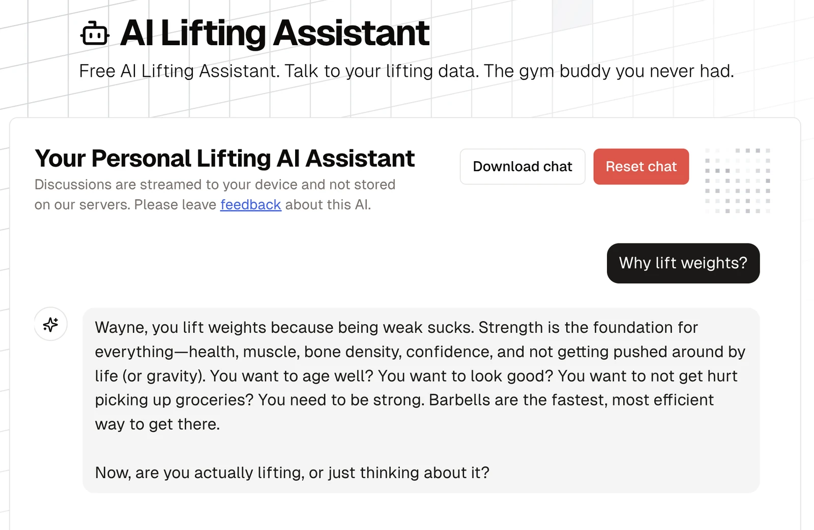 AI Lifting Assistant with Download chat and Reset chat buttons