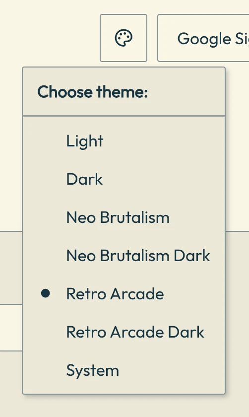 Theme menu with Light, Dark, Neo Brutalism and Retro Arcade options