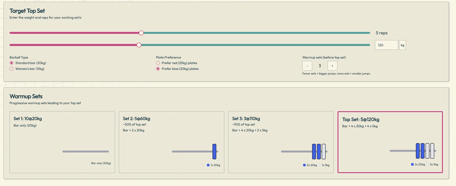 Warm-up sets calculator with plate diagrams for each set