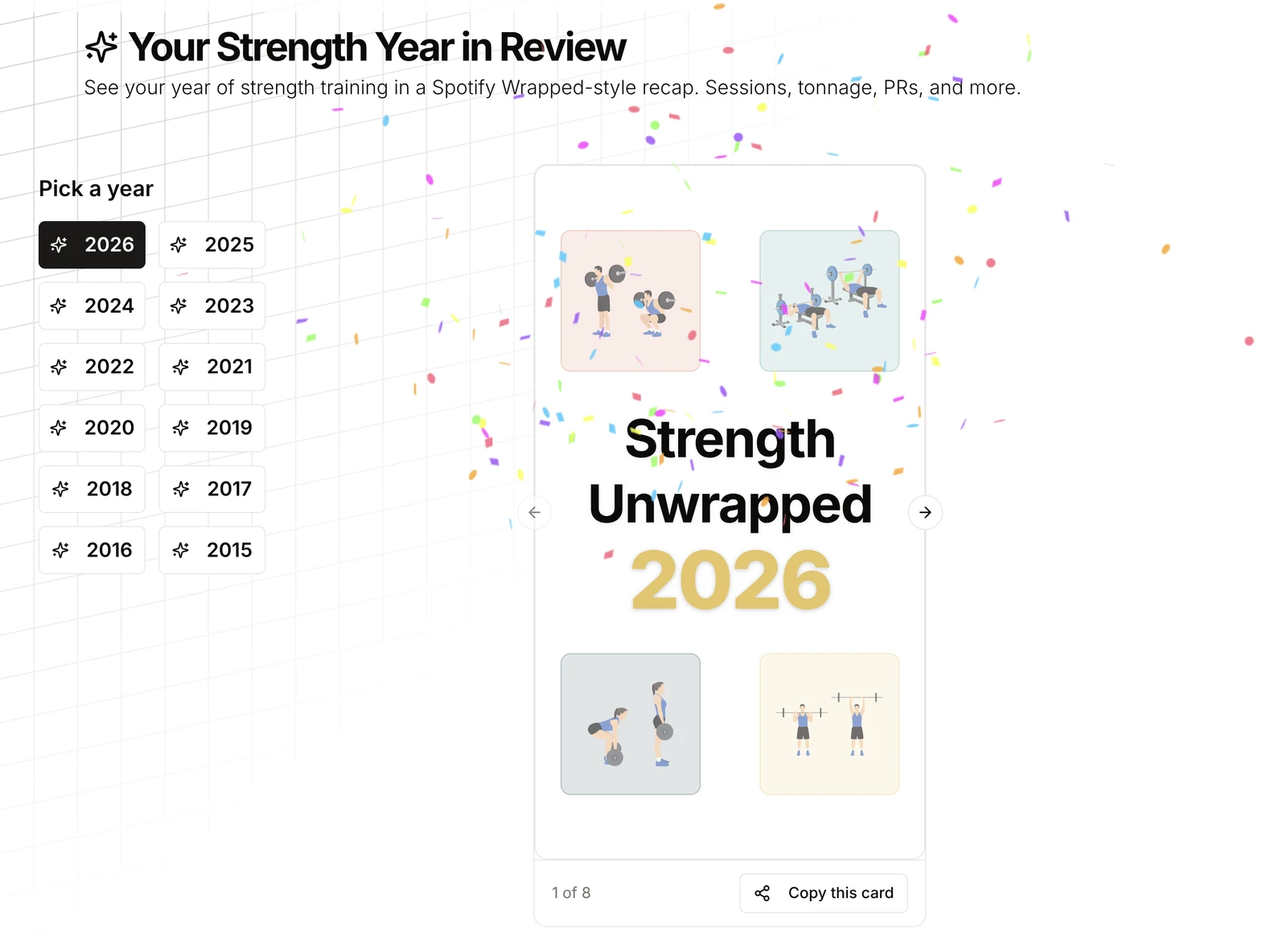 Strength Unwrapped year picker and title card