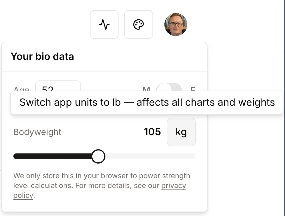 Bio data panel with the switch app units toggle