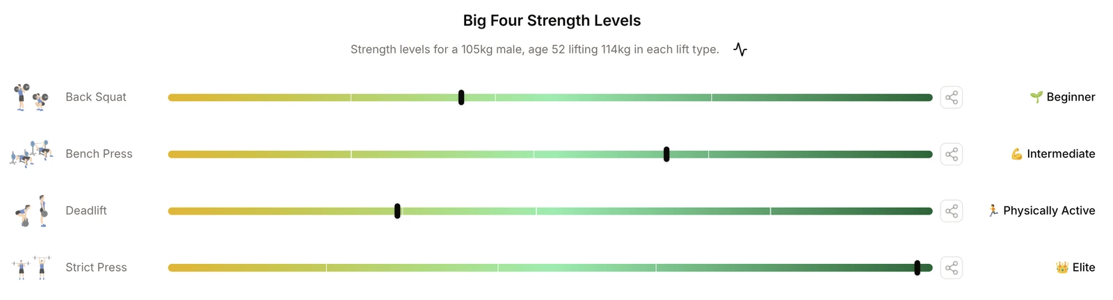 Big Four strength level bars in the E1RM calculator