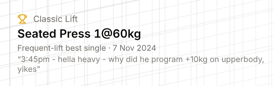 Classic Lift card: seated press 1@60kg with the day's note