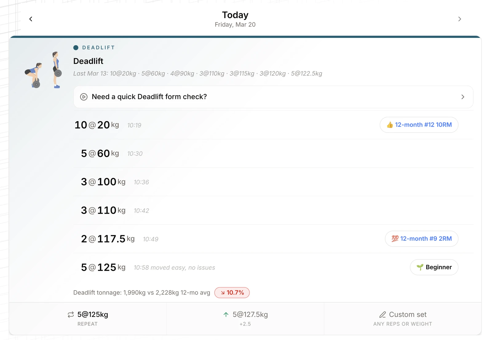 A deadlift session in the Log page with PR badges and a strength level