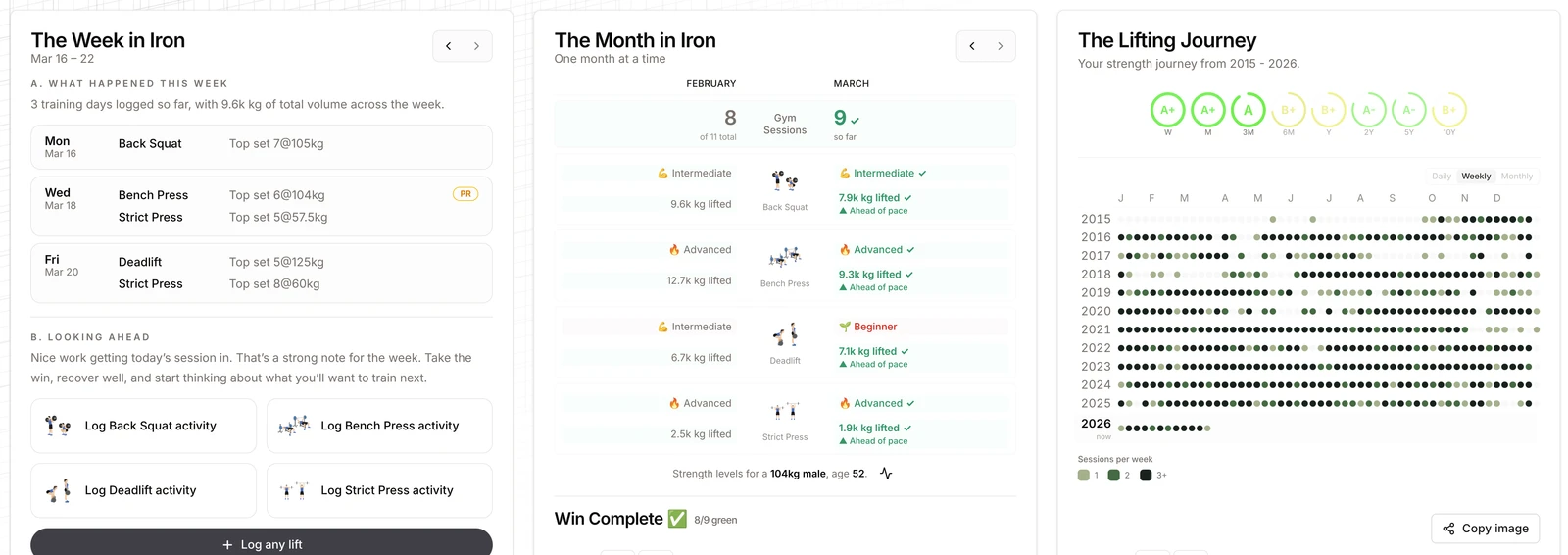 The Week in Iron, The Month in Iron and The Lifting Journey cards on the home dashboard