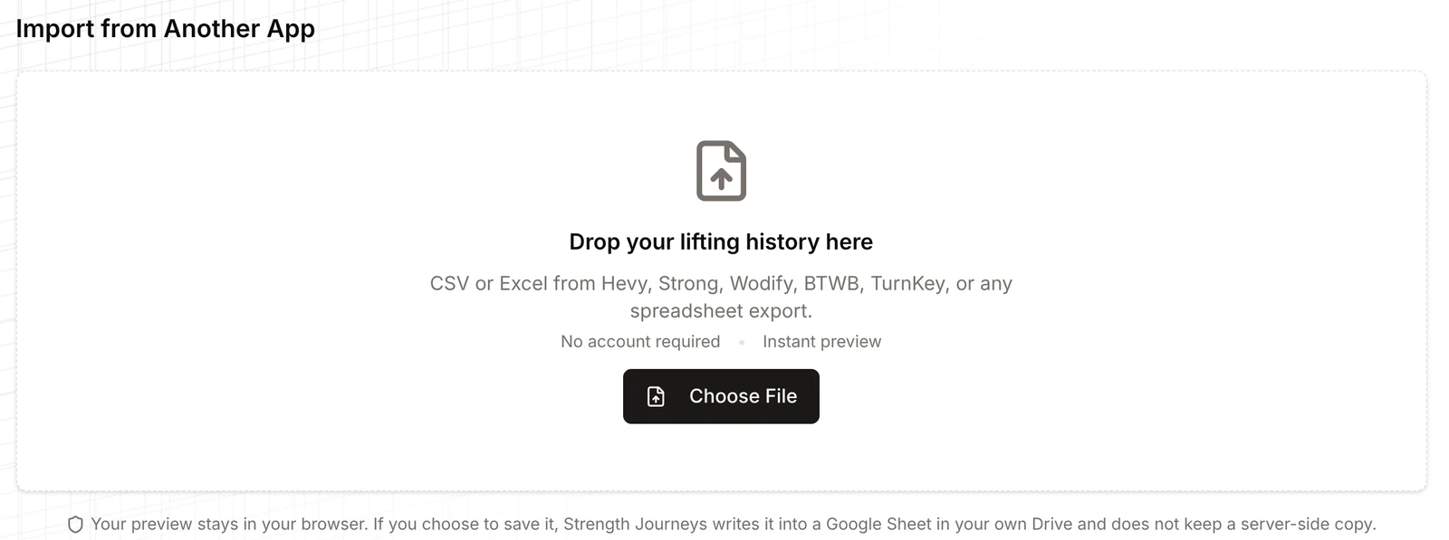 Import from Another App drop zone for Hevy, Strong, Wodify, BTWB and spreadsheet exports