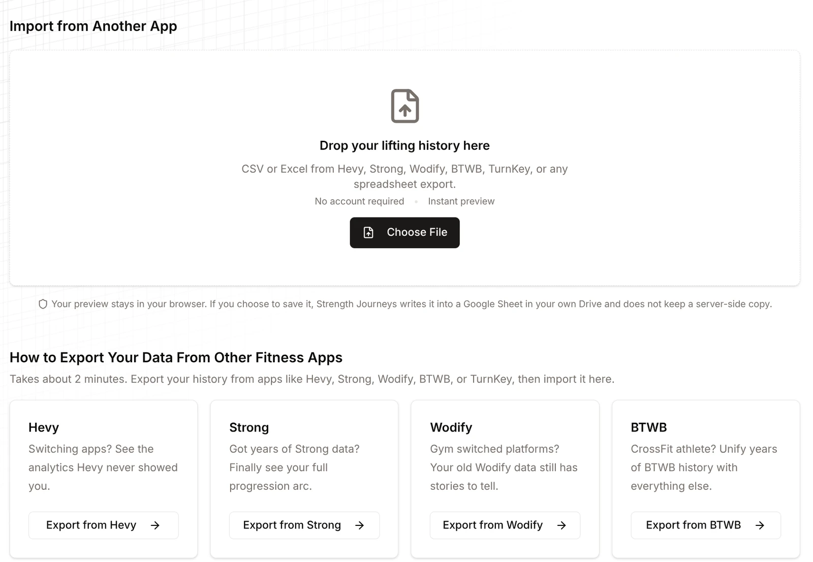 The import page with export guides for Hevy, Strong, Wodify and BTWB