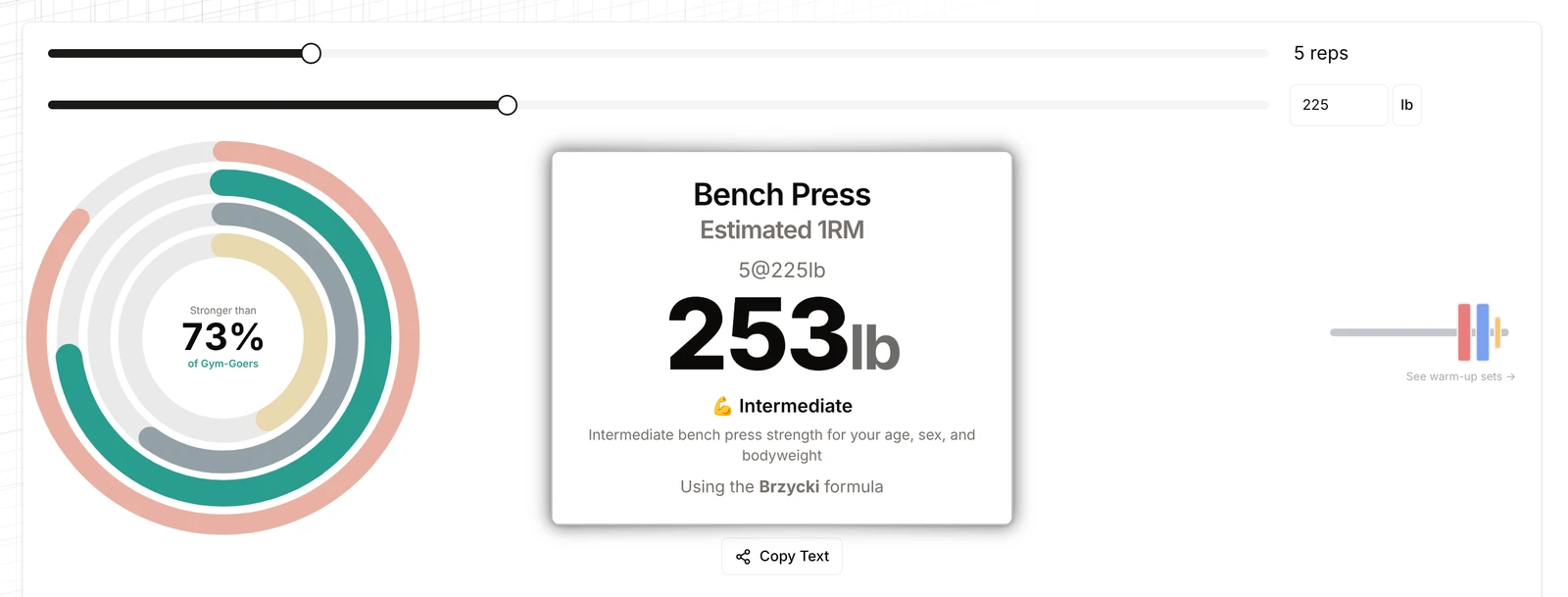 Bench press 1RM calculator showing an estimated 253lb and a 73% strength percentile ring